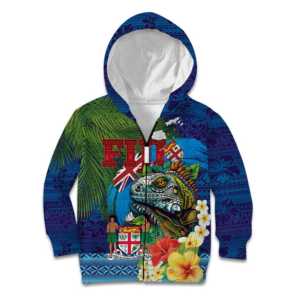 Fiji Iguana-Coat of Arms Kid Hoodie with Hibiscus and Plumeria Palm Tree Tapa Art LT03 Zip Hoodie Blue - Polynesian Pride
