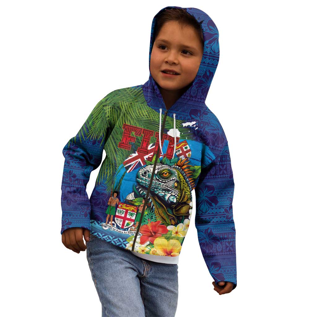 Fiji Iguana-Coat of Arms Kid Hoodie with Hibiscus and Plumeria Palm Tree Tapa Art LT03 - Polynesian Pride