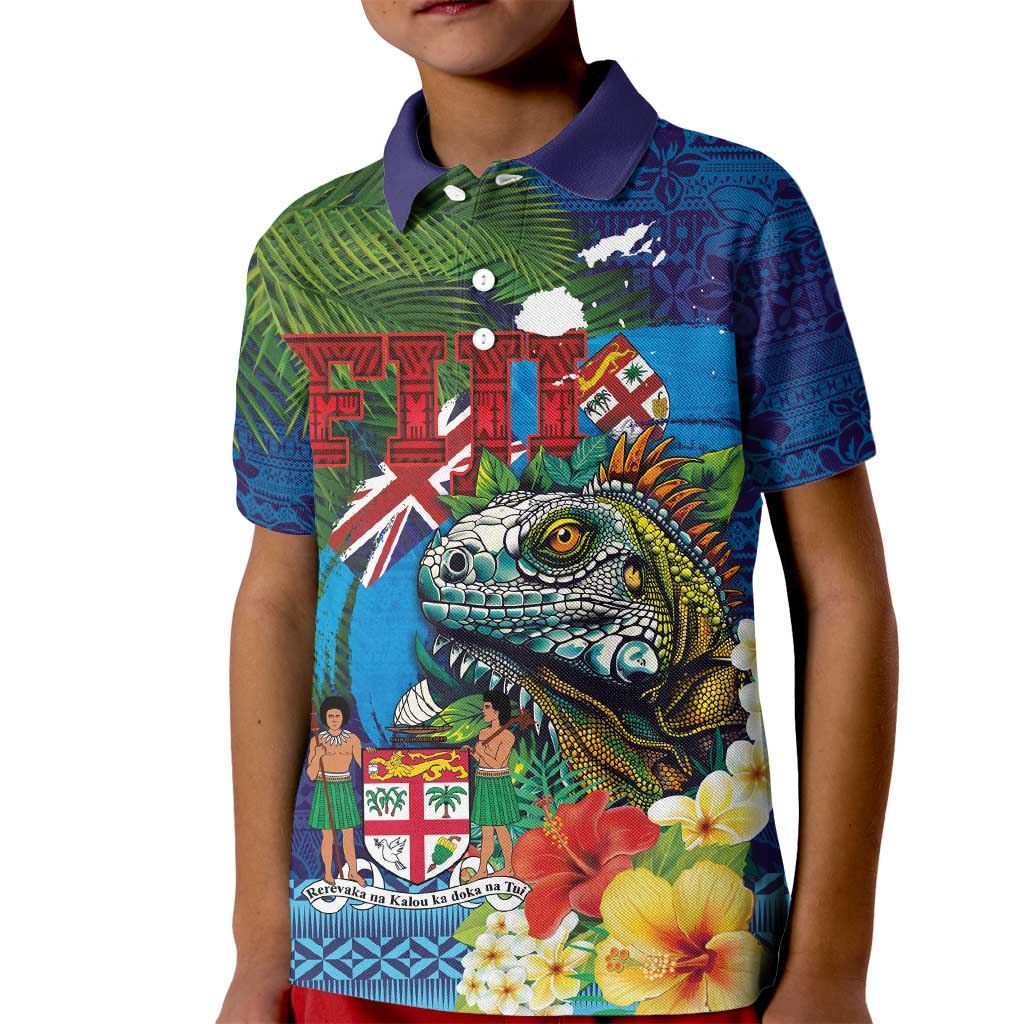 Fiji Iguana-Coat of Arms Kid Polo Shirt with Hibiscus and Plumeria Palm Tree Tapa Art LT03 Kid Blue - Polynesian Pride