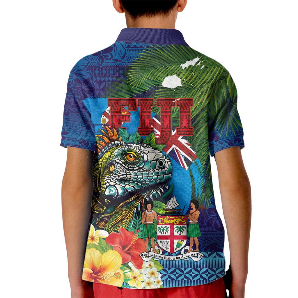 Fiji Iguana-Coat of Arms Kid Polo Shirt with Hibiscus and Plumeria Palm Tree Tapa Art LT03 - Polynesian Pride