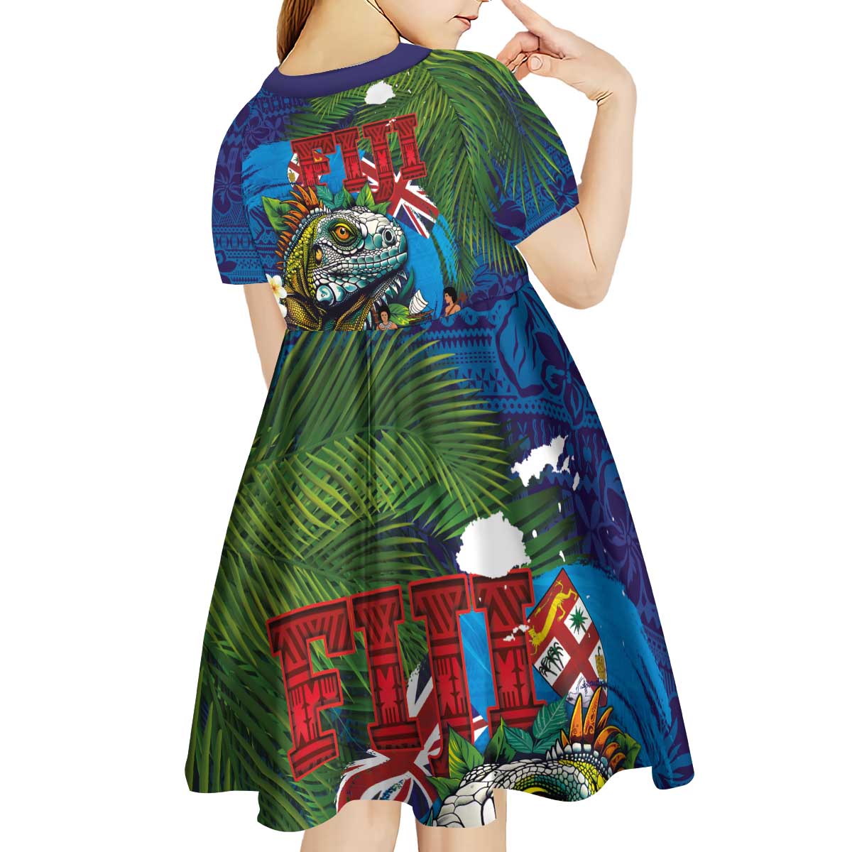 Fiji Iguana-Coat of Arms Kid Short Sleeve Dress with Hibiscus and Plumeria Palm Tree Tapa Art LT03 - Polynesian Pride