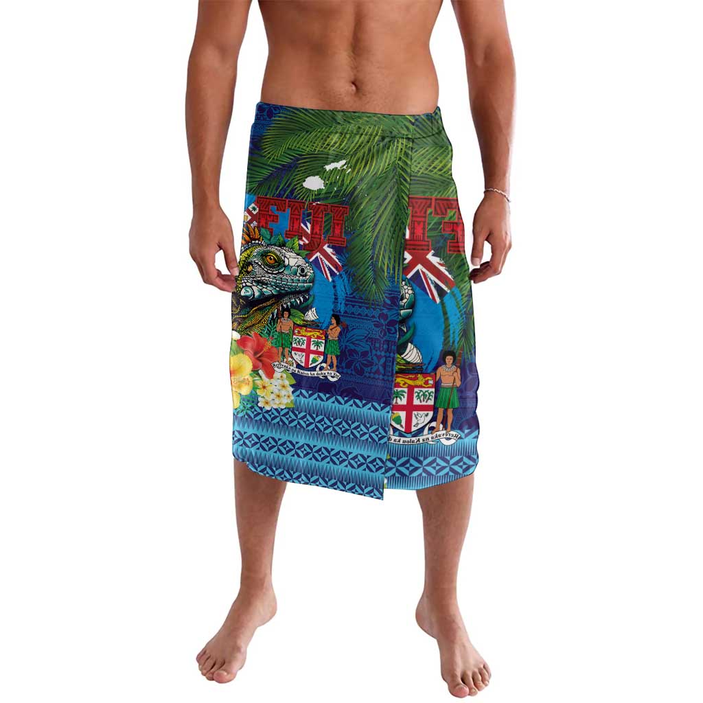 Fiji Iguana-Coat of Arms Lavalava with Hibiscus and Plumeria Palm Tree Tapa Art LT03 Blue - Polynesian Pride