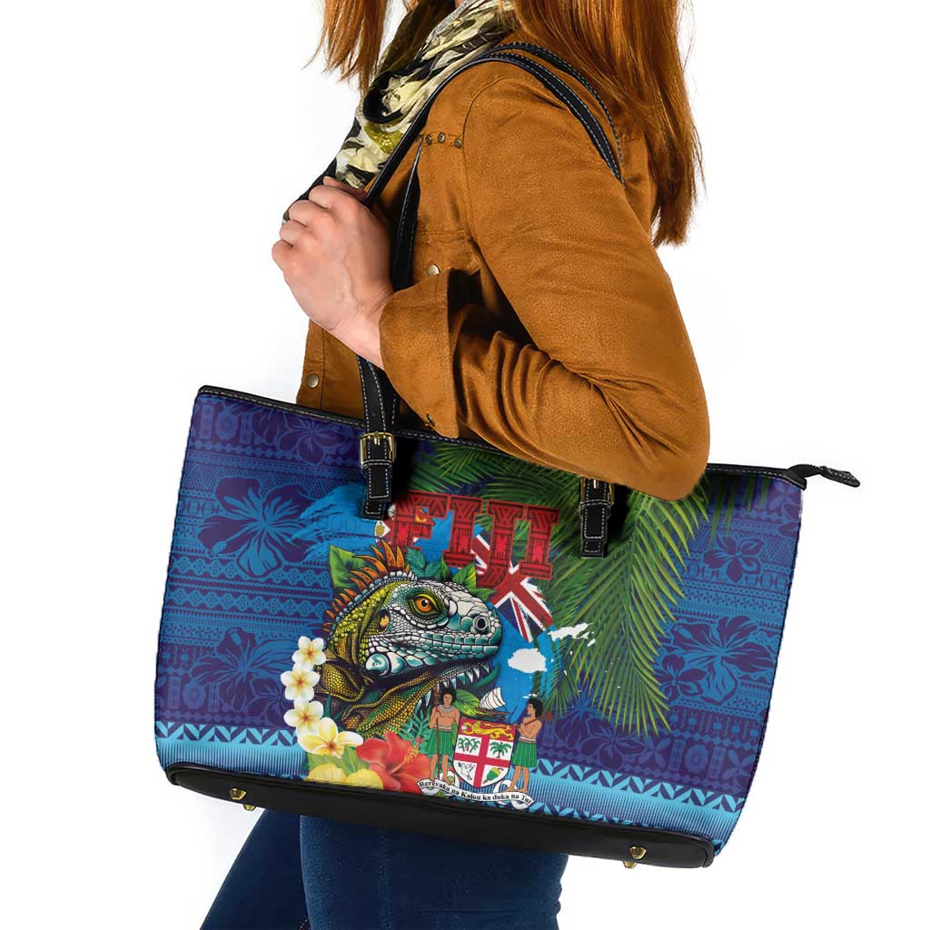Fiji Iguana-Coat of Arms Leather Tote Bag with Hibiscus and Plumeria Palm Tree Tapa Art LT03 Blue - Polynesian Pride