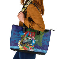 Fiji Iguana-Coat of Arms Leather Tote Bag with Hibiscus and Plumeria Palm Tree Tapa Art LT03 Blue - Polynesian Pride