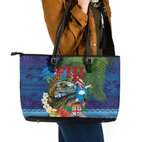 Fiji Iguana-Coat of Arms Leather Tote Bag with Hibiscus and Plumeria Palm Tree Tapa Art LT03 - Polynesian Pride