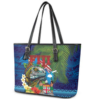Fiji Iguana-Coat of Arms Leather Tote Bag with Hibiscus and Plumeria Palm Tree Tapa Art LT03 - Polynesian Pride