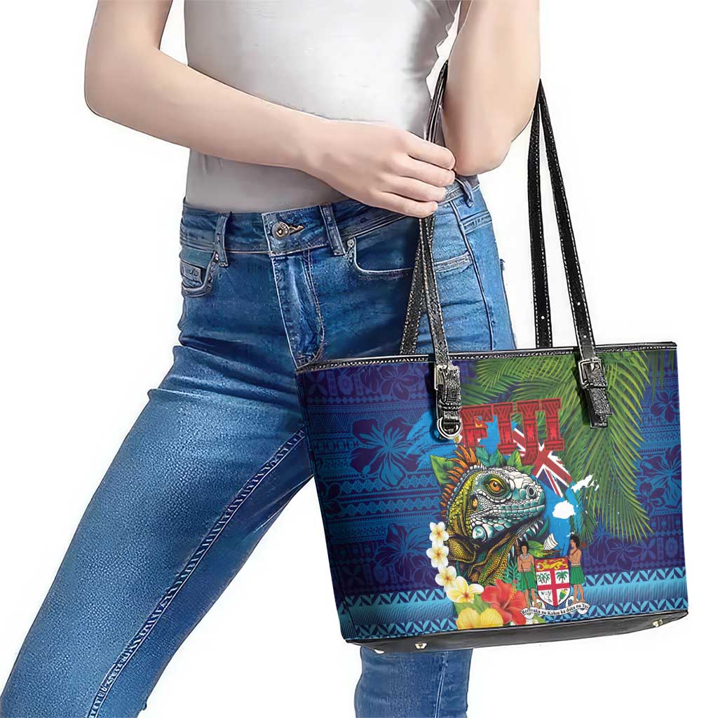 Fiji Iguana-Coat of Arms Leather Tote Bag with Hibiscus and Plumeria Palm Tree Tapa Art LT03 - Polynesian Pride