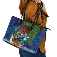 Fiji Iguana-Coat of Arms Leather Tote Bag with Hibiscus and Plumeria Palm Tree Tapa Art LT03 - Polynesian Pride