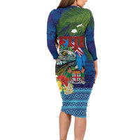 Fiji Iguana-Coat of Arms Long Sleeve Bodycon Dress with Hibiscus and Plumeria Palm Tree Tapa Art LT03 - Polynesian Pride