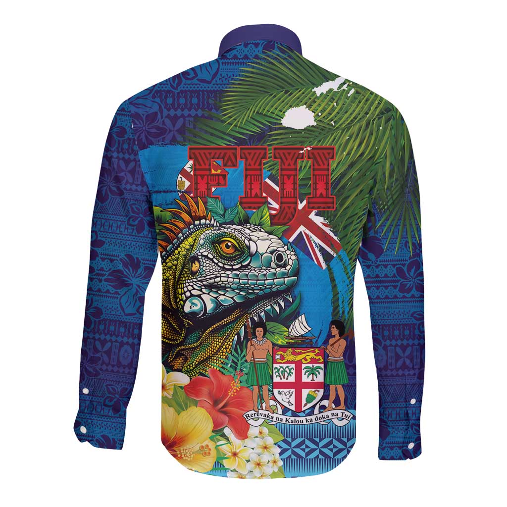 Fiji Iguana-Coat of Arms Long Sleeve Button Shirt with Hibiscus and Plumeria Palm Tree Tapa Art LT03 - Polynesian Pride