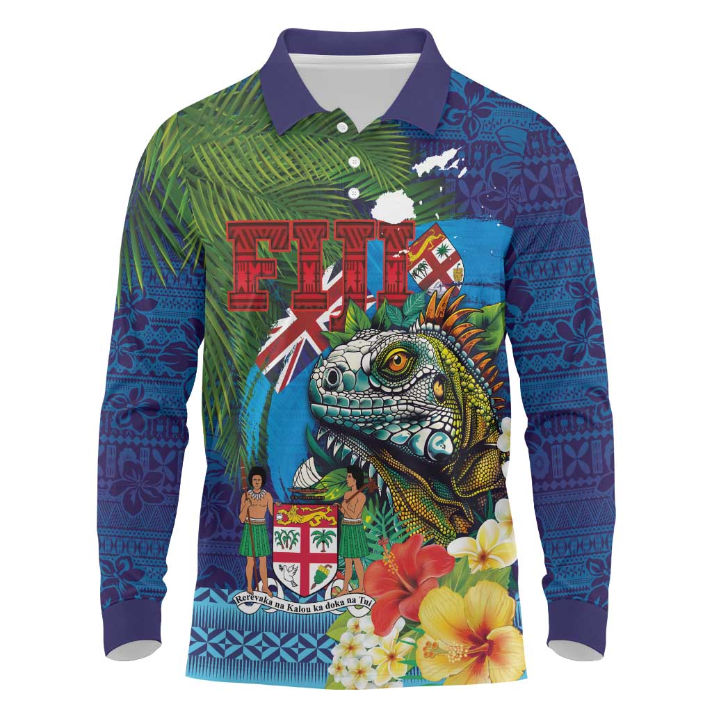 Fiji Iguana-Coat of Arms Long Sleeve Polo Shirt with Hibiscus and Plumeria Palm Tree Tapa Art LT03 Blue - Polynesian Pride