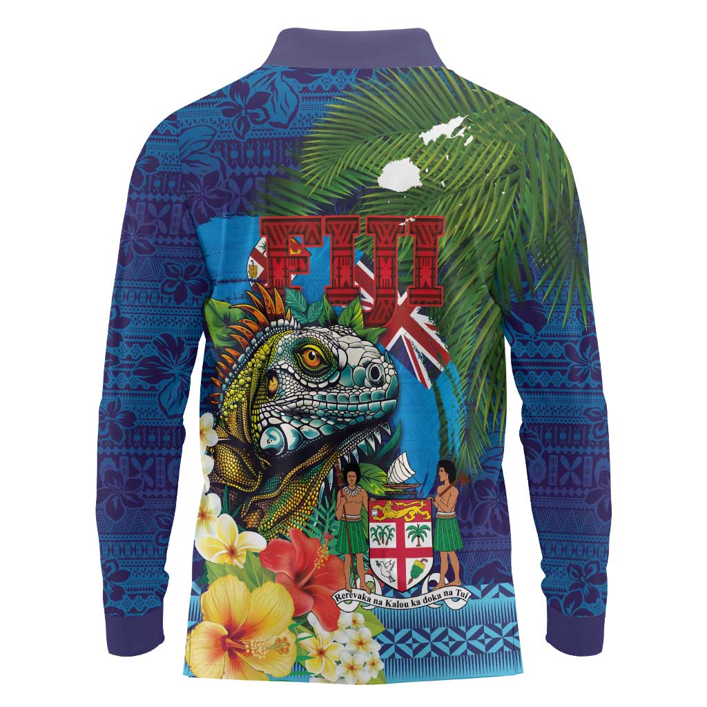 Fiji Iguana-Coat of Arms Long Sleeve Polo Shirt with Hibiscus and Plumeria Palm Tree Tapa Art LT03 - Polynesian Pride
