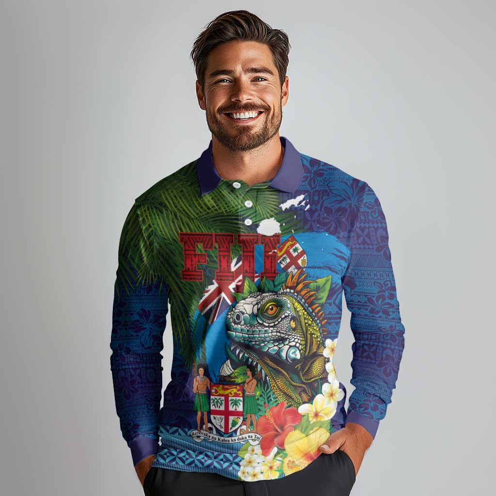 Fiji Iguana-Coat of Arms Long Sleeve Polo Shirt with Hibiscus and Plumeria Palm Tree Tapa Art LT03 - Polynesian Pride