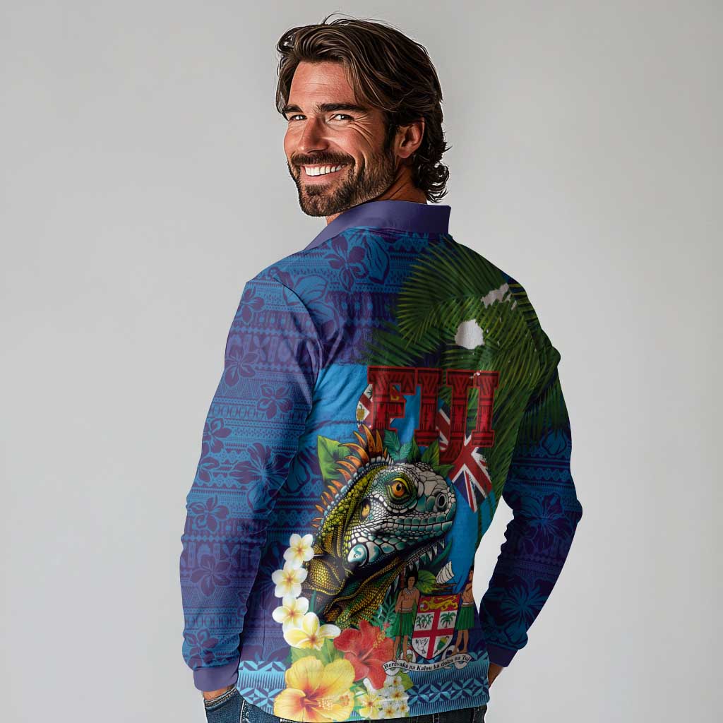 Fiji Iguana-Coat of Arms Long Sleeve Polo Shirt with Hibiscus and Plumeria Palm Tree Tapa Art LT03 - Polynesian Pride