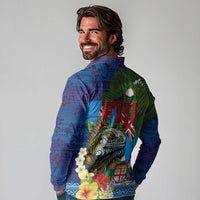 Fiji Iguana-Coat of Arms Long Sleeve Polo Shirt with Hibiscus and Plumeria Palm Tree Tapa Art LT03 - Polynesian Pride