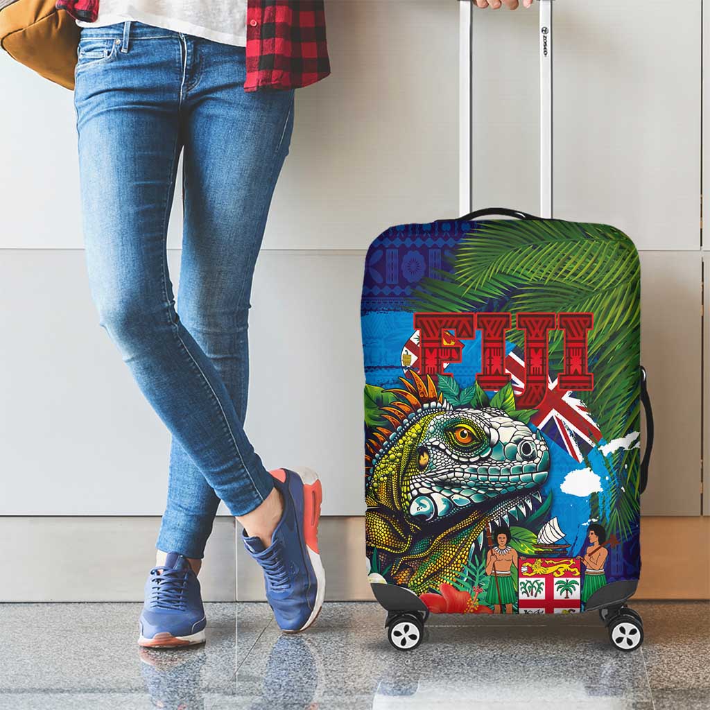 Fiji Iguana-Coat of Arms Luggage Cover with Hibiscus and Plumeria Palm Tree Tapa Art LT03 - Polynesian Pride