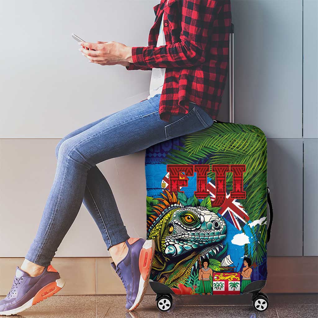 Fiji Iguana-Coat of Arms Luggage Cover with Hibiscus and Plumeria Palm Tree Tapa Art LT03 - Polynesian Pride