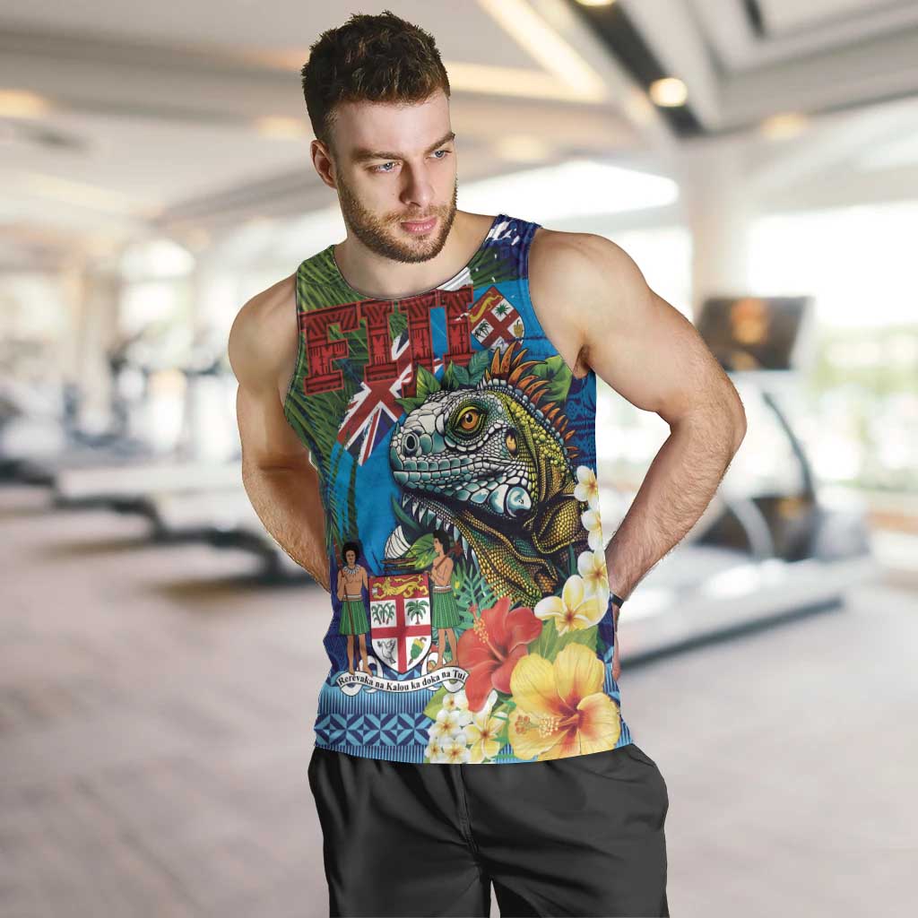 Fiji Iguana-Coat of Arms Men Tank Top with Hibiscus and Plumeria Palm Tree Tapa Art LT03 Blue - Polynesian Pride
