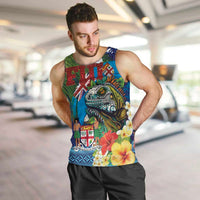 Fiji Iguana-Coat of Arms Men Tank Top with Hibiscus and Plumeria Palm Tree Tapa Art LT03 Blue - Polynesian Pride