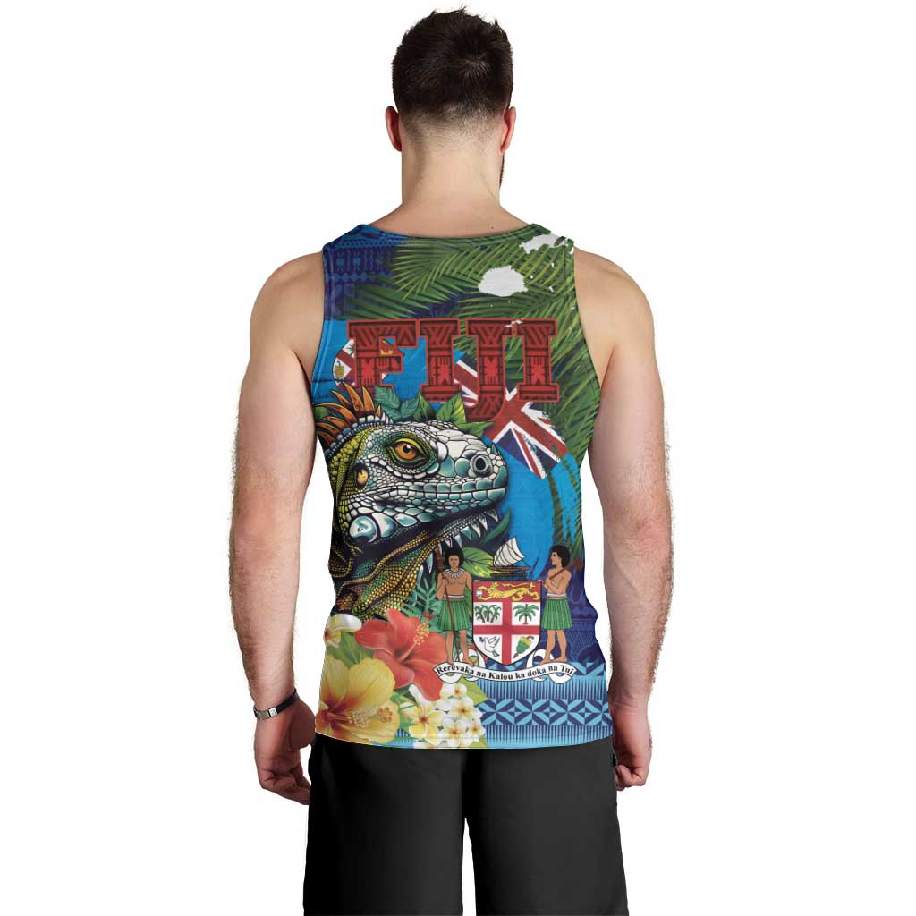 Fiji Iguana-Coat of Arms Men Tank Top with Hibiscus and Plumeria Palm Tree Tapa Art LT03 - Polynesian Pride