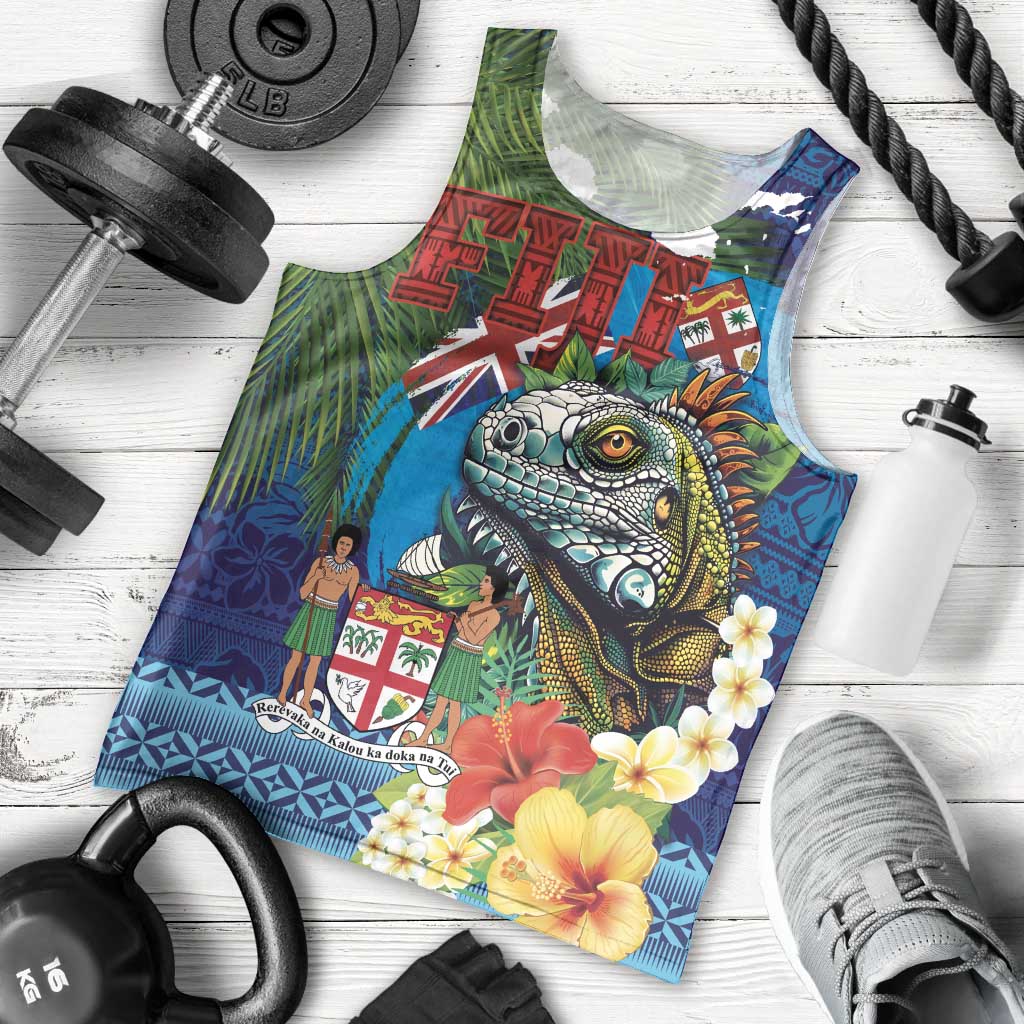 Fiji Iguana-Coat of Arms Men Tank Top with Hibiscus and Plumeria Palm Tree Tapa Art LT03 - Polynesian Pride