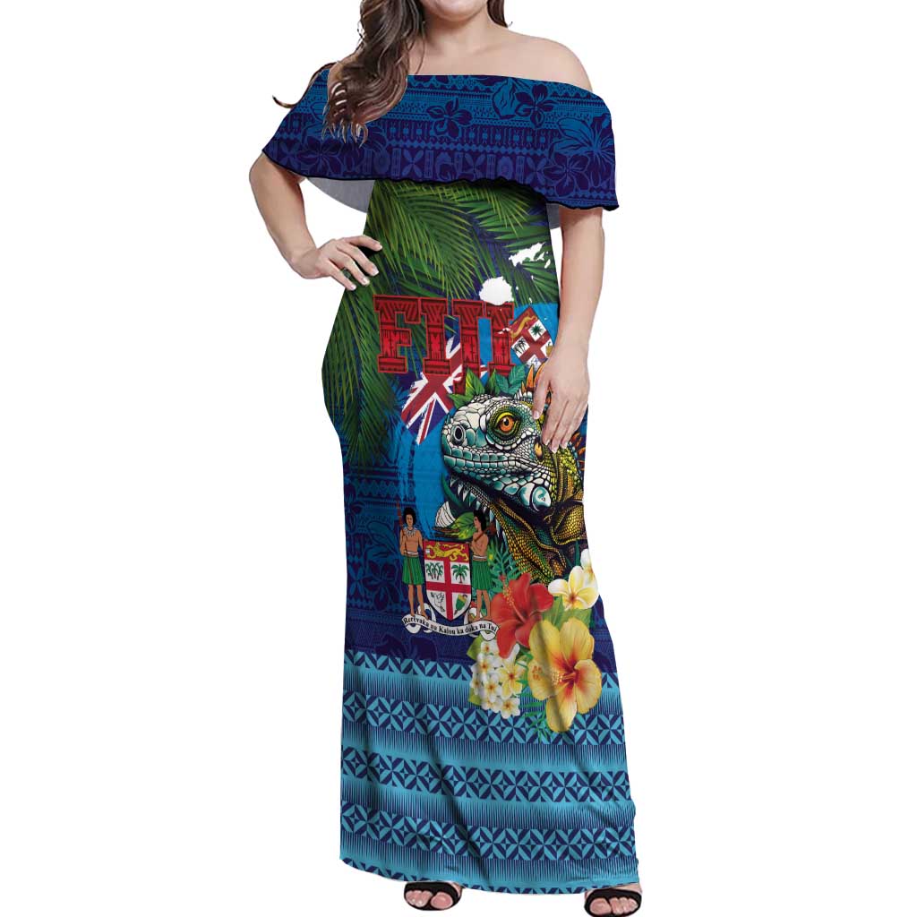 Fiji Iguana-Coat of Arms Off Shoulder Maxi Dress with Hibiscus and Plumeria Palm Tree Tapa Art LT03 Women Blue - Polynesian Pride