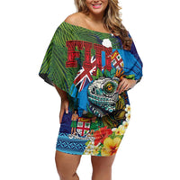 Fiji Iguana-Coat of Arms Off Shoulder Short Dress with Hibiscus and Plumeria Palm Tree Tapa Art LT03 Women Blue - Polynesian Pride