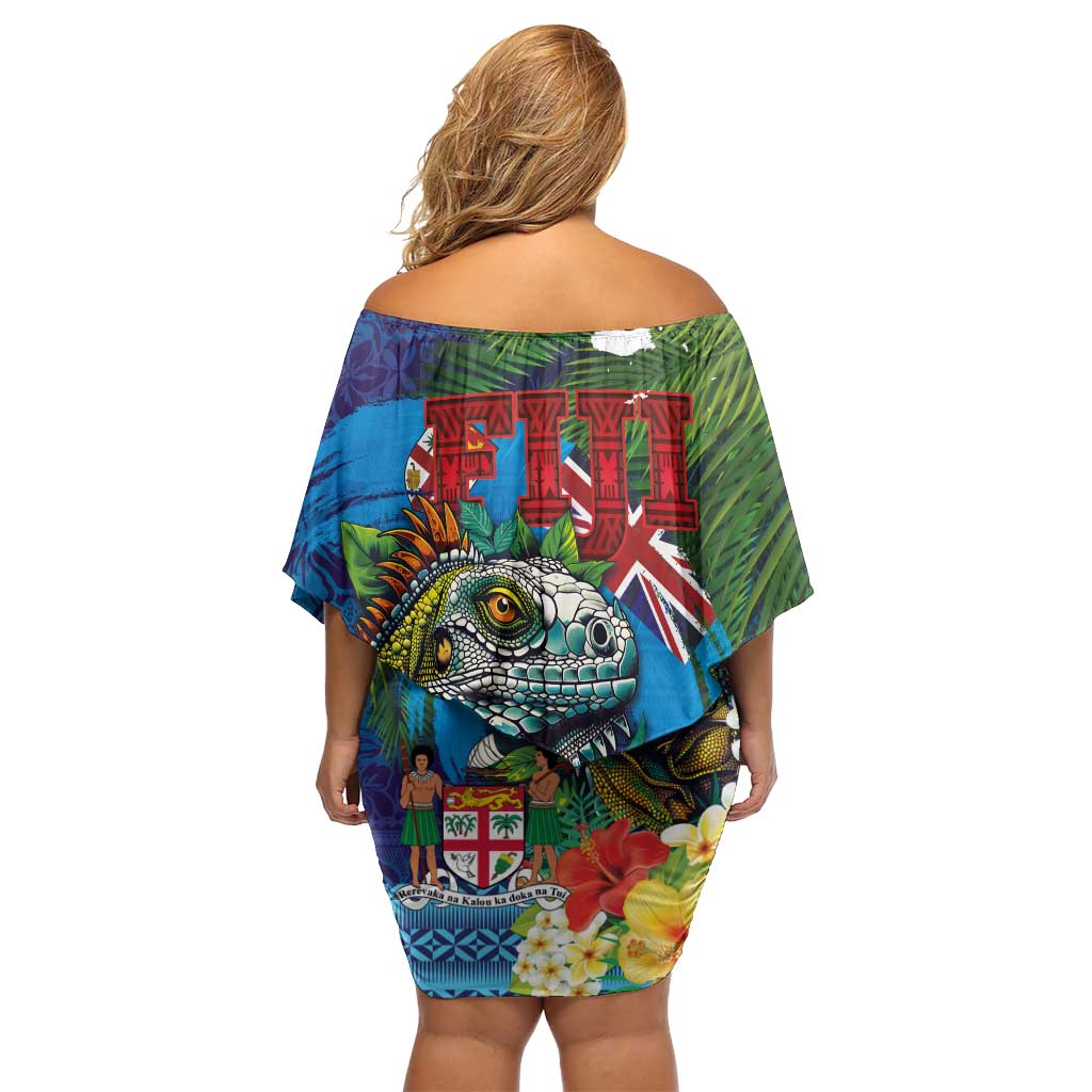 Fiji Iguana-Coat of Arms Off Shoulder Short Dress with Hibiscus and Plumeria Palm Tree Tapa Art LT03 - Polynesian Pride