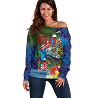 Fiji Iguana-Coat of Arms Off Shoulder Sweater with Hibiscus and Plumeria Palm Tree Tapa Art LT03 Women Blue - Polynesian Pride