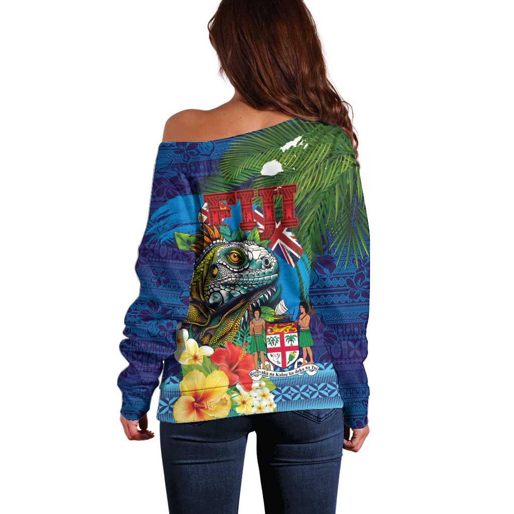 Fiji Iguana-Coat of Arms Off Shoulder Sweater with Hibiscus and Plumeria Palm Tree Tapa Art LT03 - Polynesian Pride