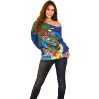 Fiji Iguana-Coat of Arms Off Shoulder Sweater with Hibiscus and Plumeria Palm Tree Tapa Art LT03 - Polynesian Pride