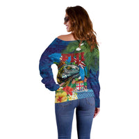 Fiji Iguana-Coat of Arms Off Shoulder Sweater with Hibiscus and Plumeria Palm Tree Tapa Art LT03 - Polynesian Pride