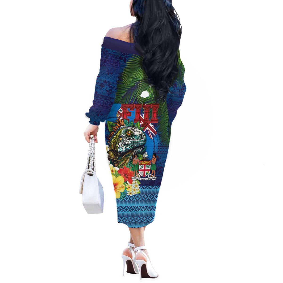 Fiji Iguana-Coat of Arms Off The Shoulder Long Sleeve Dress with Hibiscus and Plumeria Palm Tree Tapa Art LT03 - Polynesian Pride