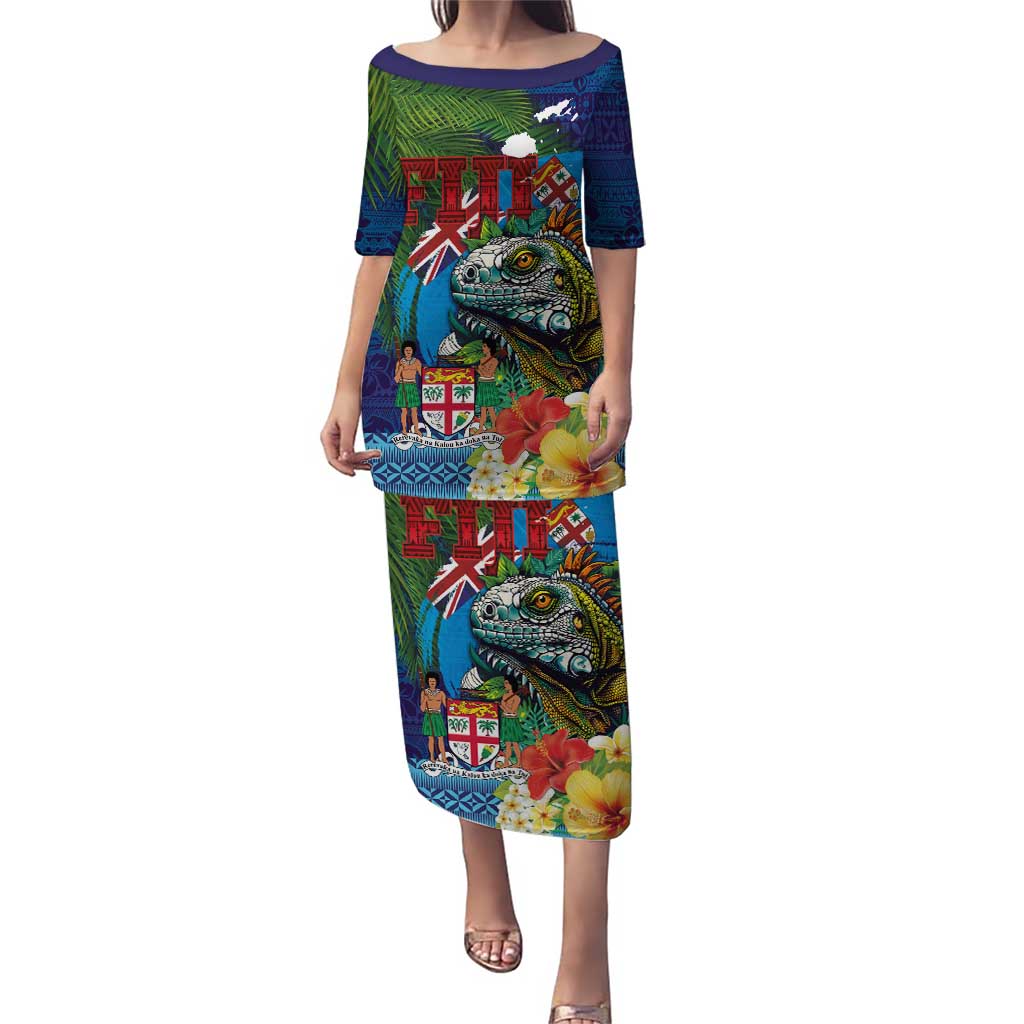 Fiji Iguana-Coat of Arms Puletasi with Hibiscus and Plumeria Palm Tree Tapa Art LT03 Long Dress Blue - Polynesian Pride