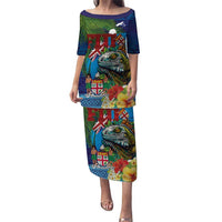 Fiji Iguana-Coat of Arms Puletasi with Hibiscus and Plumeria Palm Tree Tapa Art LT03 Long Dress Blue - Polynesian Pride