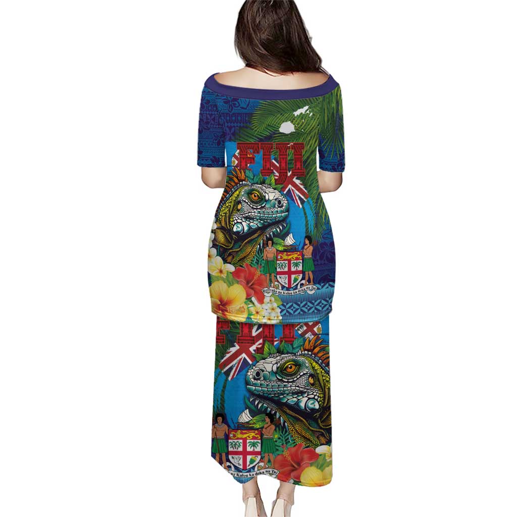 Fiji Iguana-Coat of Arms Puletasi with Hibiscus and Plumeria Palm Tree Tapa Art LT03 - Polynesian Pride