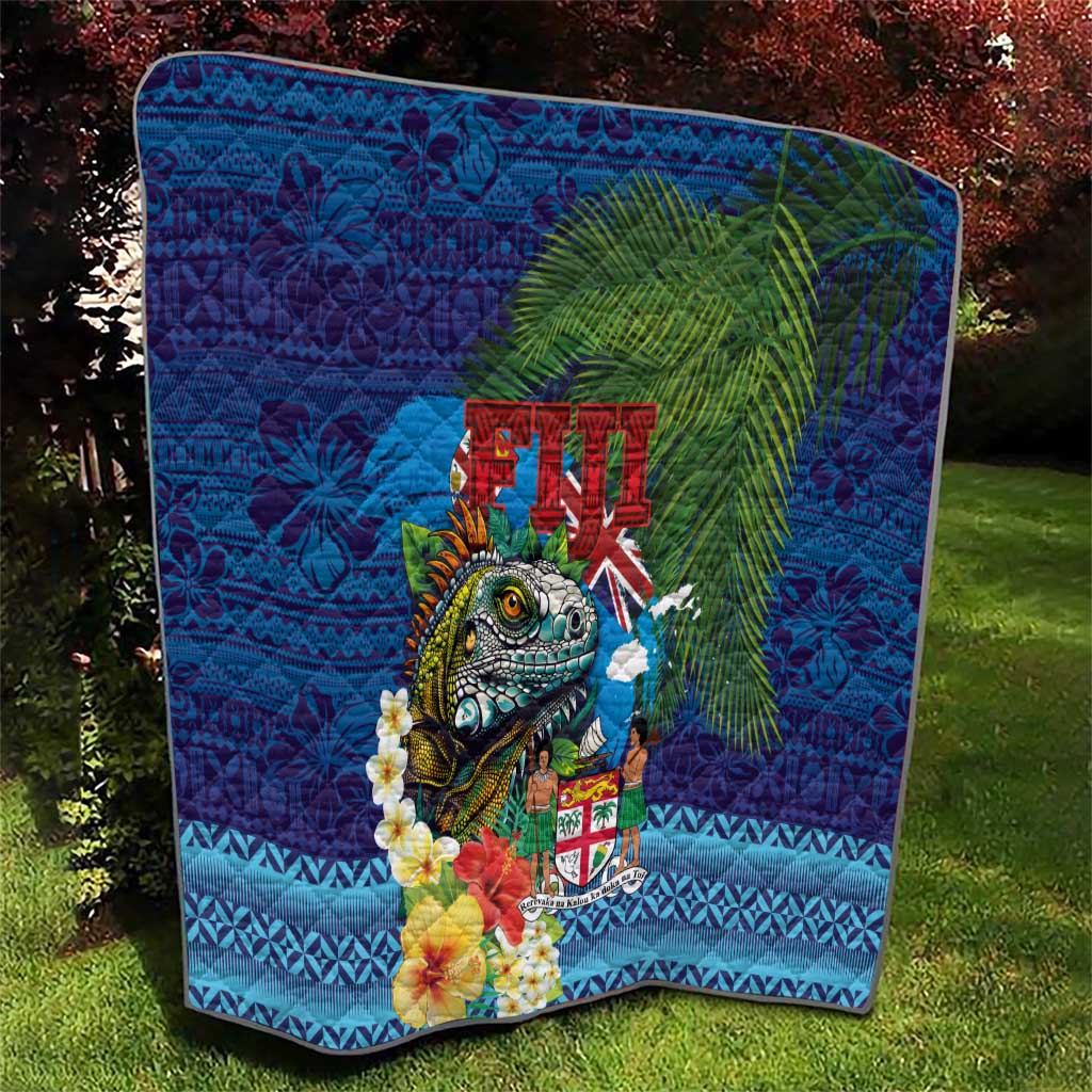 Fiji Iguana-Coat of Arms Quilt with Hibiscus and Plumeria Palm Tree Tapa Art LT03 - Polynesian Pride