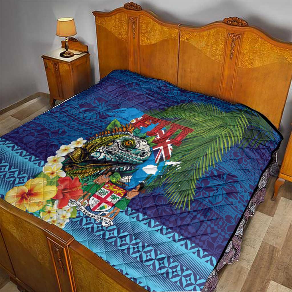 Fiji Iguana-Coat of Arms Quilt with Hibiscus and Plumeria Palm Tree Tapa Art LT03 - Polynesian Pride