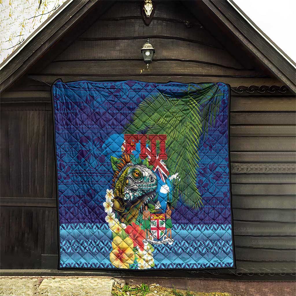 Fiji Iguana-Coat of Arms Quilt with Hibiscus and Plumeria Palm Tree Tapa Art LT03 - Polynesian Pride