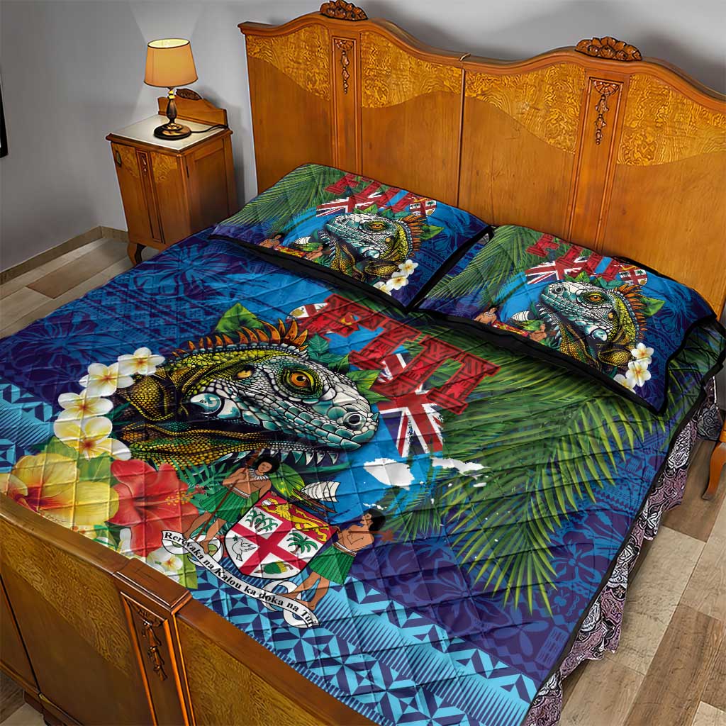 Fiji Iguana-Coat of Arms Quilt Bed Set with Hibiscus and Plumeria Palm Tree Tapa Art LT03 - Polynesian Pride