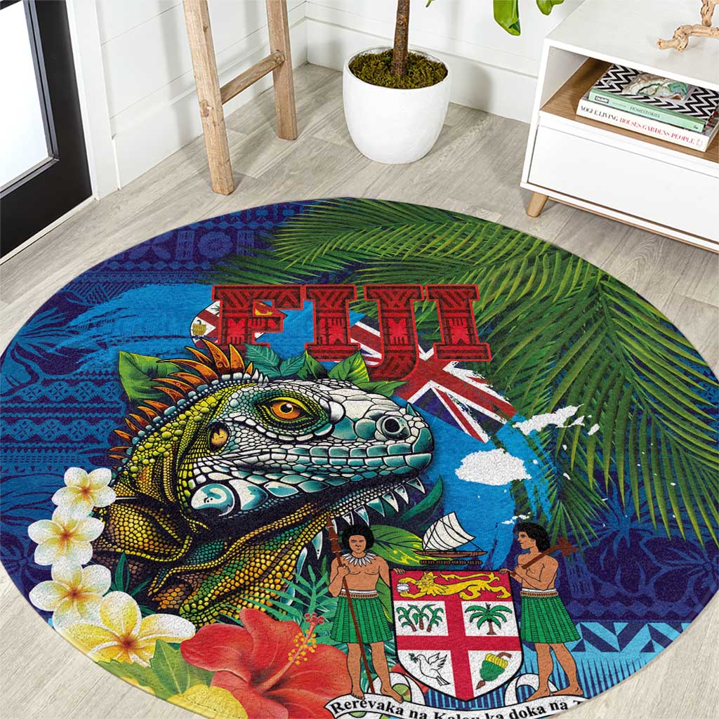 Fiji Iguana-Coat of Arms Round Carpet with Hibiscus and Plumeria Palm Tree Tapa Art LT03 Blue - Polynesian Pride