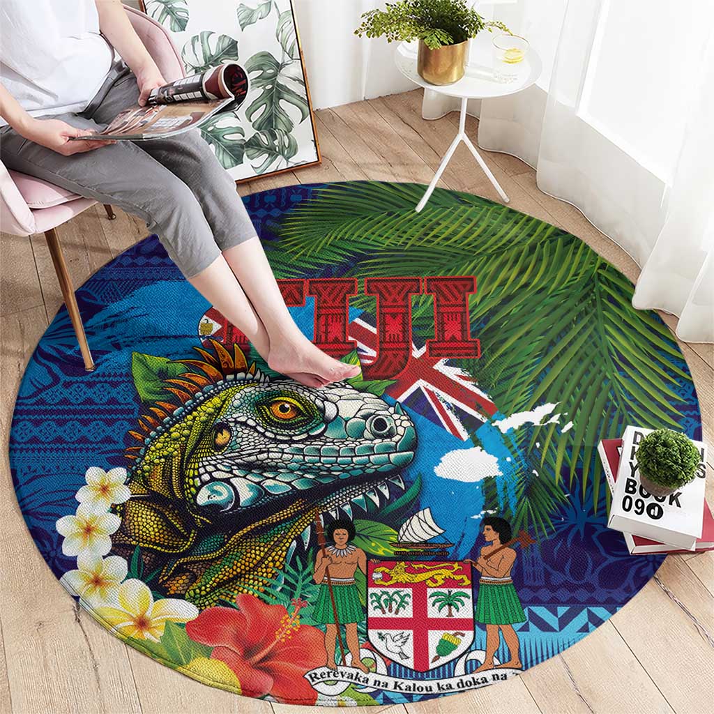 Fiji Iguana-Coat of Arms Round Carpet with Hibiscus and Plumeria Palm Tree Tapa Art LT03 - Polynesian Pride