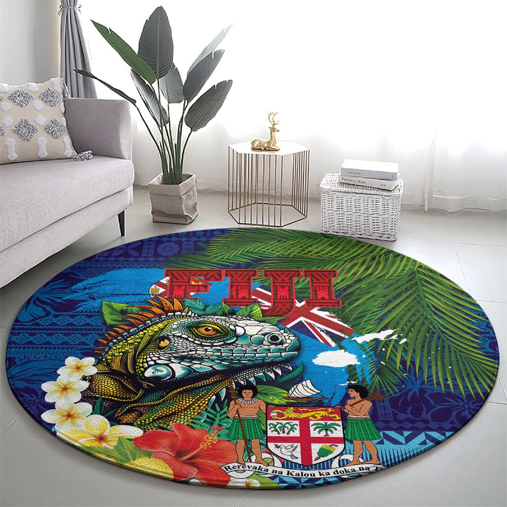 Fiji Iguana-Coat of Arms Round Carpet with Hibiscus and Plumeria Palm Tree Tapa Art LT03 - Polynesian Pride