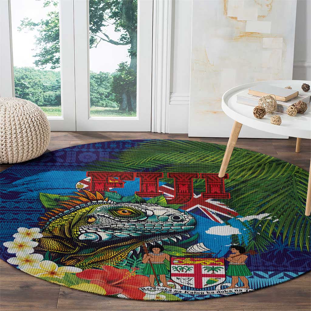 Fiji Iguana-Coat of Arms Round Carpet with Hibiscus and Plumeria Palm Tree Tapa Art LT03 - Polynesian Pride