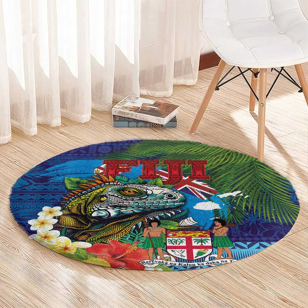Fiji Iguana-Coat of Arms Round Carpet with Hibiscus and Plumeria Palm Tree Tapa Art LT03 - Polynesian Pride