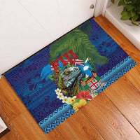 Fiji Iguana-Coat of Arms Rubber Doormat with Hibiscus and Plumeria Palm Tree Tapa Art LT03 - Polynesian Pride