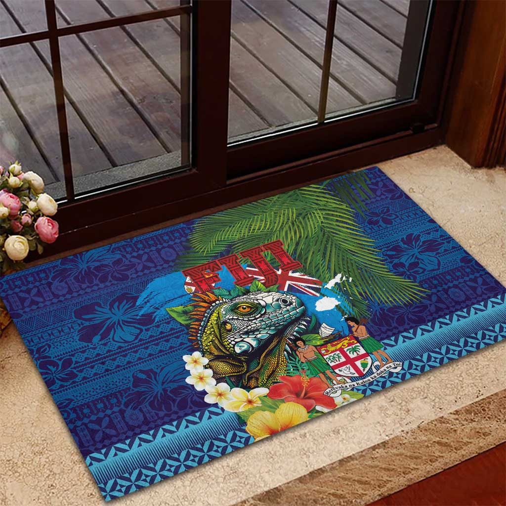 Fiji Iguana-Coat of Arms Rubber Doormat with Hibiscus and Plumeria Palm Tree Tapa Art LT03 - Polynesian Pride