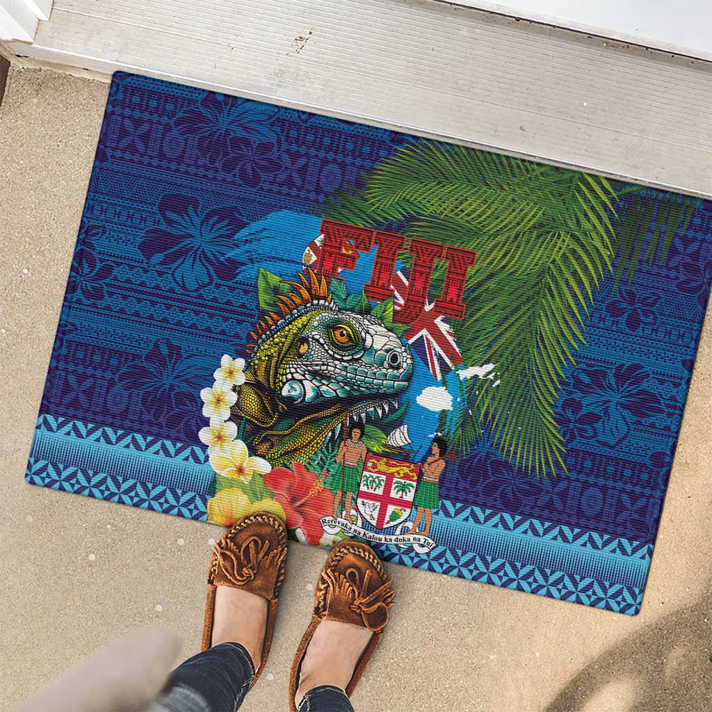 Fiji Iguana-Coat of Arms Rubber Doormat with Hibiscus and Plumeria Palm Tree Tapa Art LT03 - Polynesian Pride