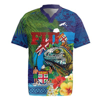 Fiji Iguana-Coat of Arms Rugby Jersey with Hibiscus and Plumeria Palm Tree Tapa Art LT03 Blue - Polynesian Pride