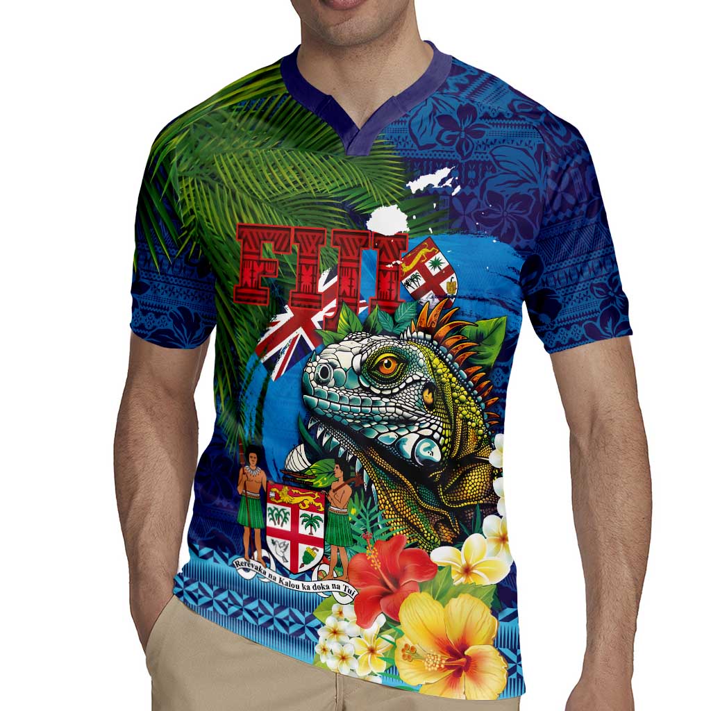 Fiji Iguana-Coat of Arms Rugby Jersey with Hibiscus and Plumeria Palm Tree Tapa Art LT03 - Polynesian Pride